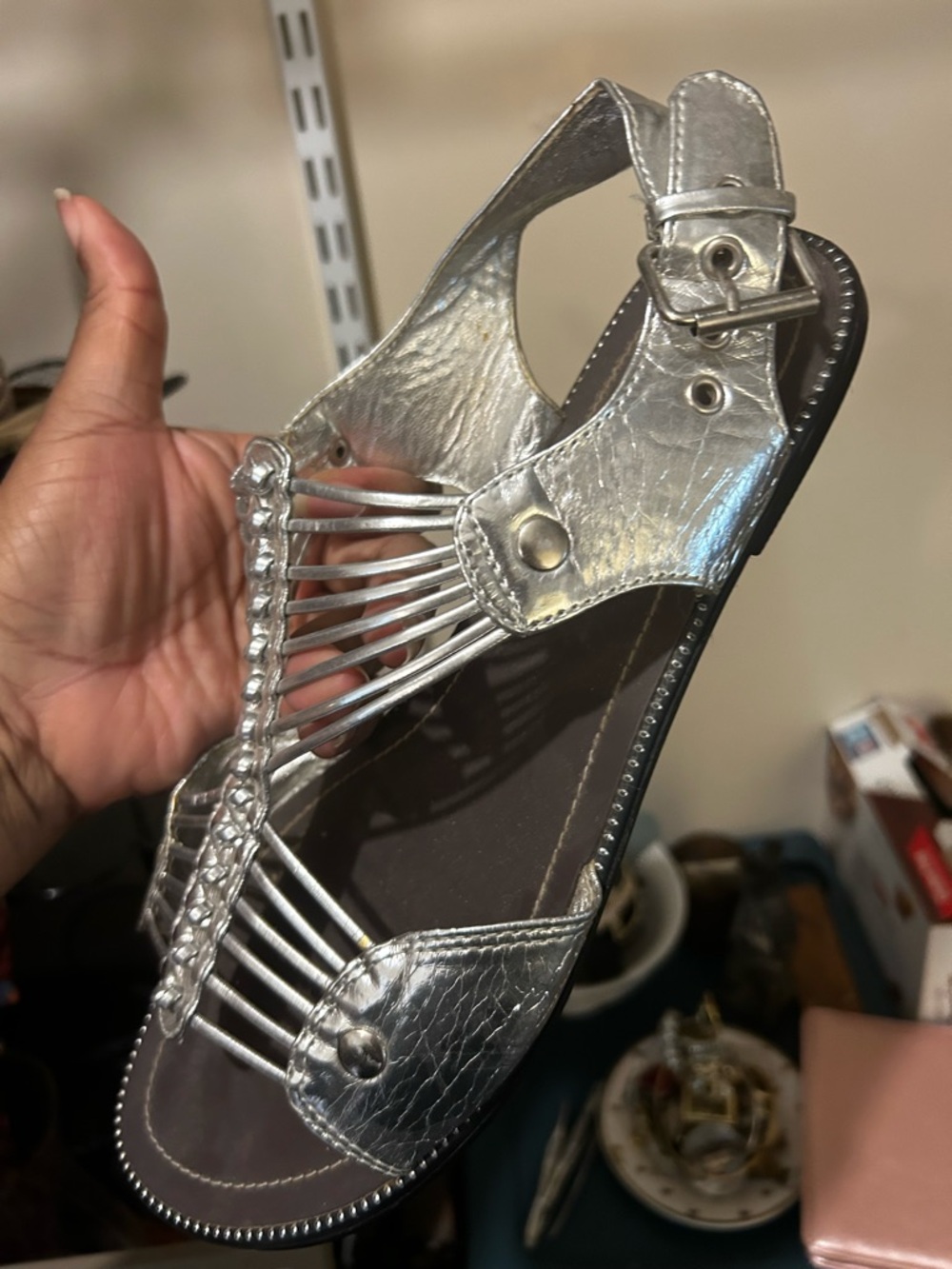 Womens Metallic Silver Braided T-Strap Sandal with Buckle